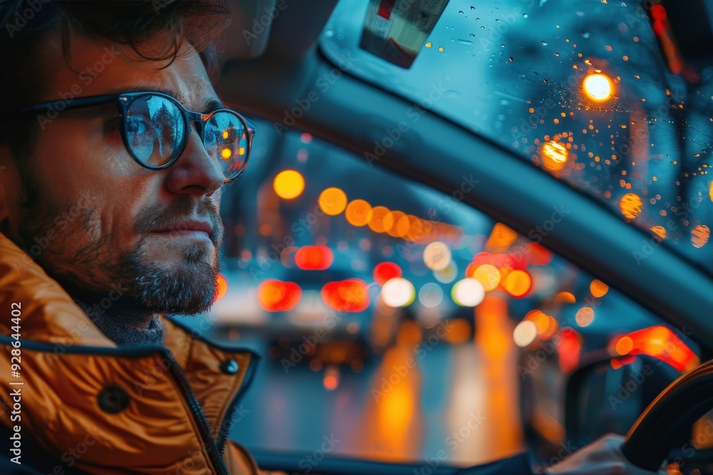 Fototapeta premium An individual is in a car at night with the city's colorful lights reflecting on the wet window, creating a vibrant, urban atmosphere as they navigate through the streets.