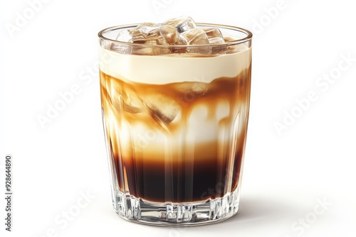 Delicious iced coffee with milk, served in a clear glass, isolated on a white background. Refreshing and creamy beverage for coffee lovers.