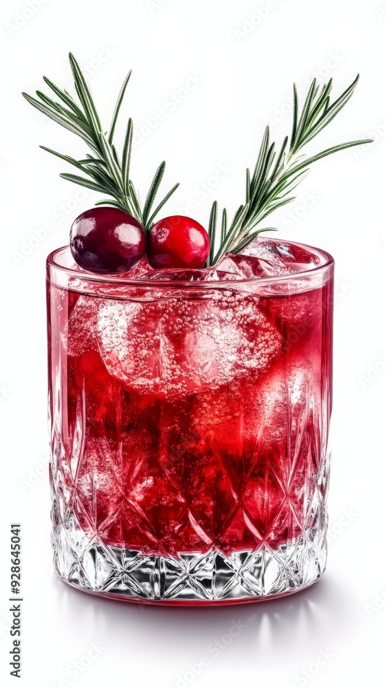 Elegant glass of refreshing cranberry cocktail with ice, garnished with cranberries and rosemary sprigs on a white background. Elegant glass of refreshing cranberry cocktail with ice, garnished with cranberries and rosemary sprigs on a white background.