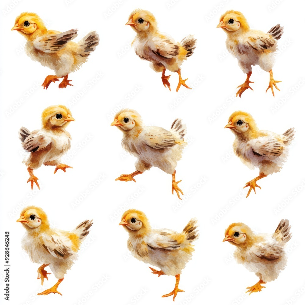 Naklejka premium A collection of cute, fluffy chicks in various poses on a white background.