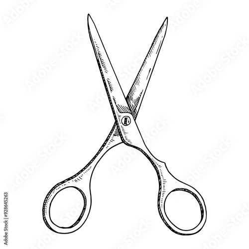 Vintage hand-drawn illustration of hairdressing scissors and salon equipment. The graphic emphasizes the precision and artistry involved in hairstyling, making it ideal for barbershop-related content