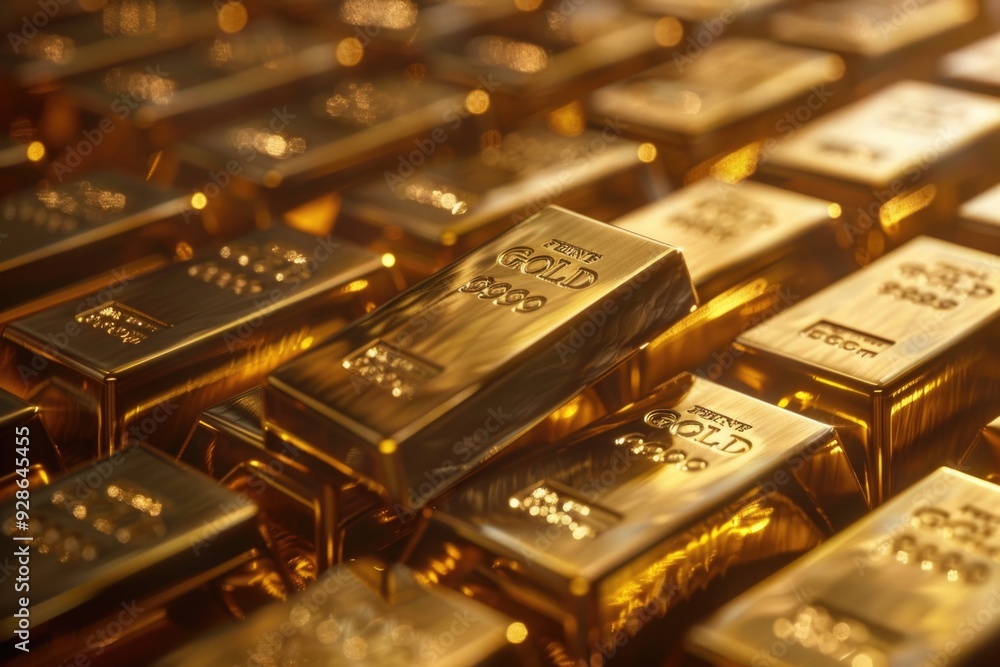 A pile of gold bars stacked on top of each other, often used in financial or luxury contexts A pile of gold bars stacked on top of each other, often used in financial or luxury contexts