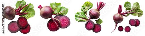 set of a top view of a whole and sliced beet with leaves. With a clipping path. The full depth of field is in focus on a transparent background photo