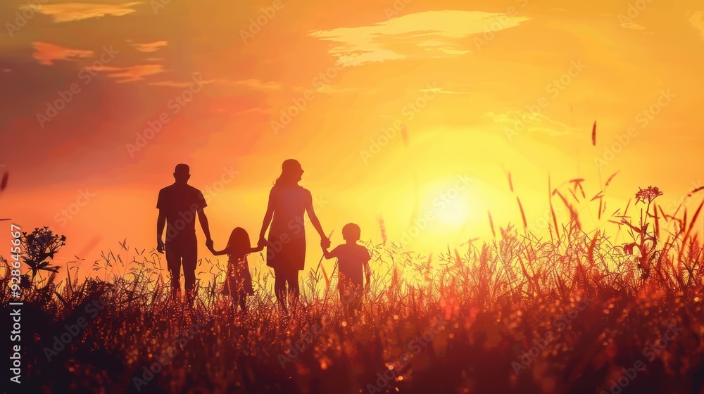 Fototapeta premium Family Silhouettes Walking Hand-in-Hand Against a Vibrant Sunset