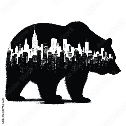 silhouette of grizzly bear filled with cityline in rough drawing,