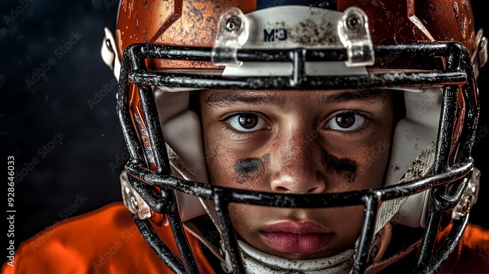 Fototapeta premium Portrait of a young american football player in helmet, photo in action