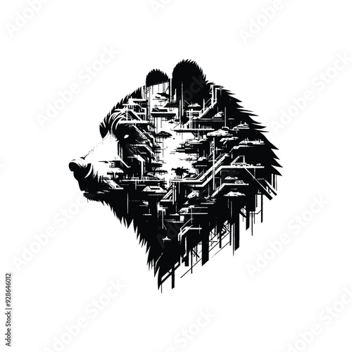 silhouette of grizzly bear filled with destroyed futuristic dystopia environment in rough drawing,