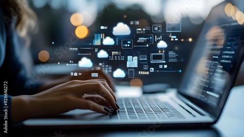 A person using a laptop displays multiple files and cloud storage icons around the screen, illustrating how different types of data stored in clouds can be accessed by a computer or tablet