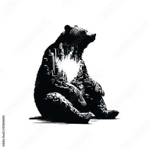 silhouette of grizzly bear filled with destroyed futuristic dystopia environment in rough drawing,