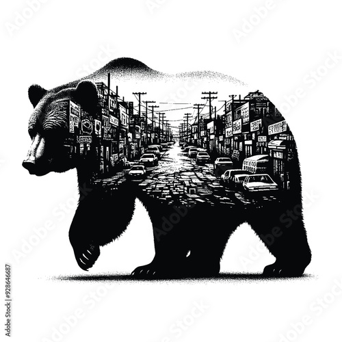silhouette of grizzly bear filled with ghetto street in rough drawing,