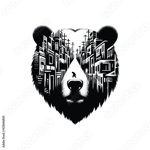 silhouette of grizzly bear filled with ghetto street in rough drawing,