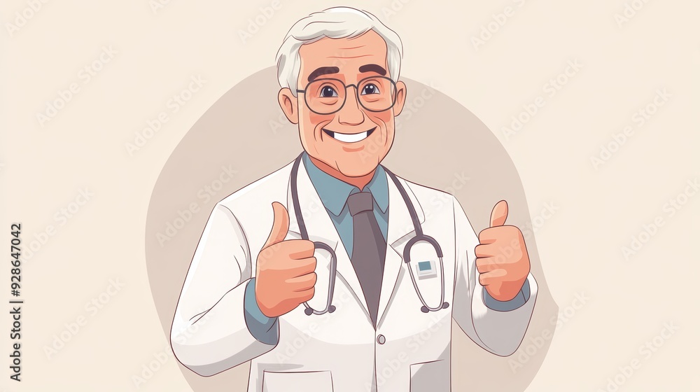 Senior doctor in white coat giving a thumbs up against a white background Senior doctor in white coat giving a thumbs up against a white background