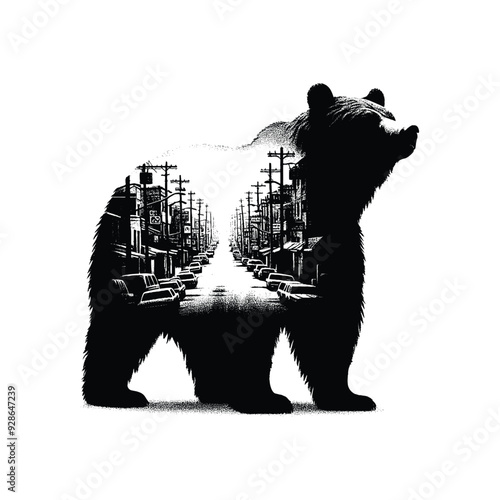 silhouette of grizzly bear filled with ghetto street in rough drawing,