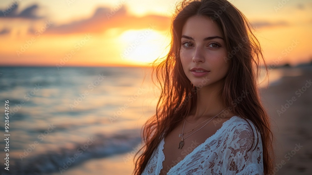 Portrait of beautiful woman with long hair, standing on the beach at sunset. Portrait of beautiful woman with long hair, standing on the beach at sunset.