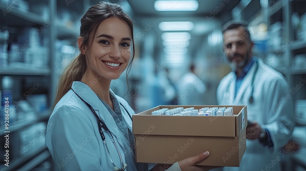 A pharmaceutical sales representative is holding a box with medication samples while presenting a new medication to a doctor in a medical building. A pharmaceutical sales representative is holding a box with medication samples while presenting a new medication to a doctor in a medical building.