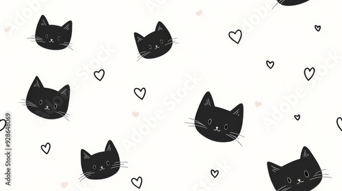 This whimsical and delightful seamless pattern showcases charming black cat faces that are surrounded by small, cute hearts, making it perfect for cat lovers and unique textile design enthusiasts photo