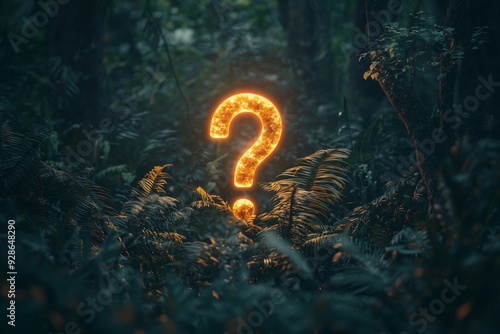 A question mark icon glowing in the darkness of a dense forest, representing an enigmatic journey or mystery.  photo