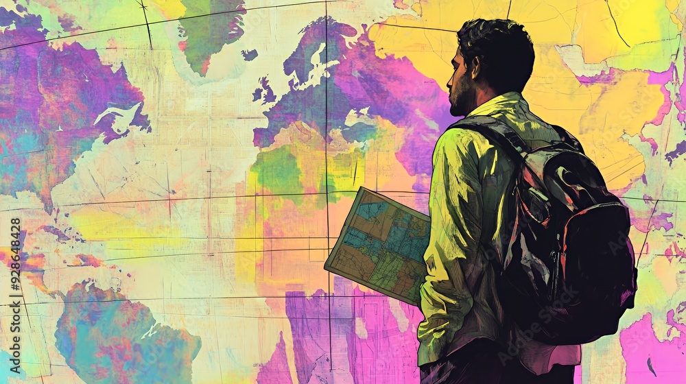 custom made wallpaper toronto digitalA man with a backpack looks at a map with a world map in the background.