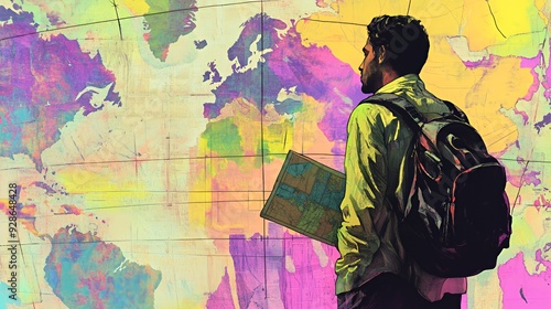 Wallpaper Mural A man with a backpack looks at a map with a world map in the background. Torontodigital.ca