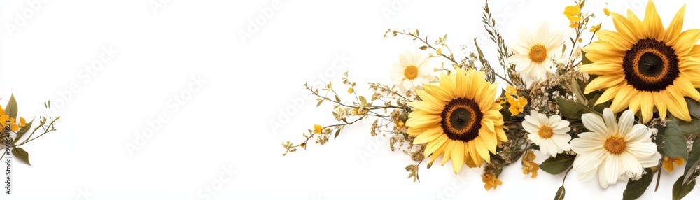 A vibrant arrangement of sunflowers and daisies, perfect for brightening up any space or design with natural beauty. A vibrant arrangement of sunflowers and daisies, perfect for brightening up any space or design with natural beauty.