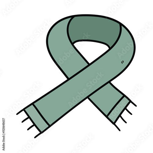 Hand drawn cartoon warm green scarf on white background.