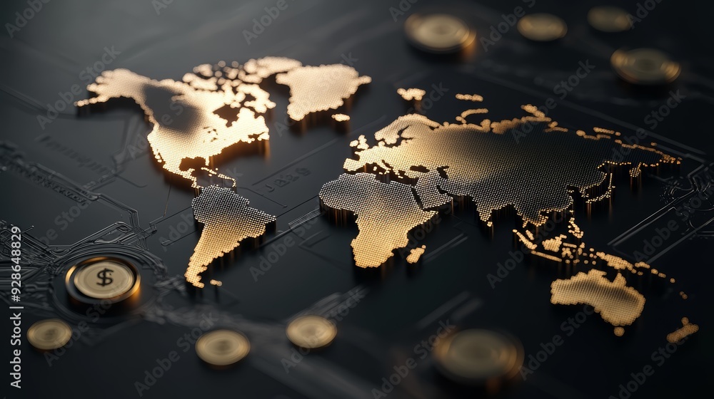 Elegant world map in gold on a dark background, symbolizing global finance, business, and economic connections.