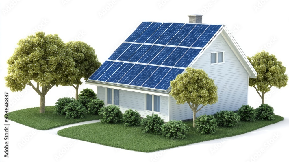A simple, modern house featuring solar panels on the roof sits amidst green trees against an all-white background A simple, modern house featuring solar panels on the roof sits amidst green trees against an all-white background