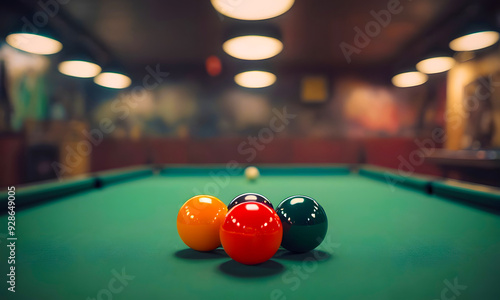 soft simple beautiful background with billiard board and balls on blurry background photo