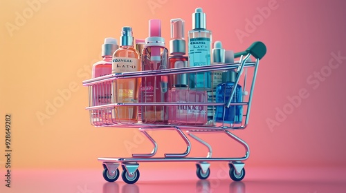 Shopping Cart with Utensils Fruits and Vegetables the Market plain background banner