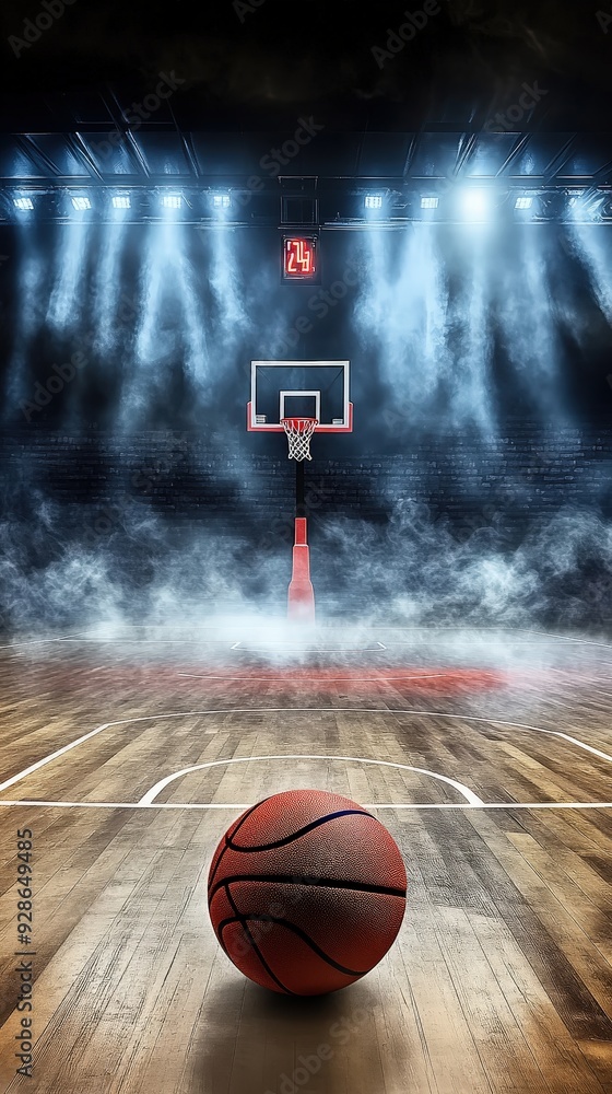 basketball court with a basketball in the center and bright lights.