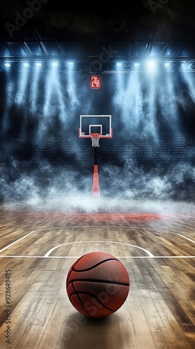Obraz na płótnie basketball court with a basketball in the center and bright lights. w salonie
