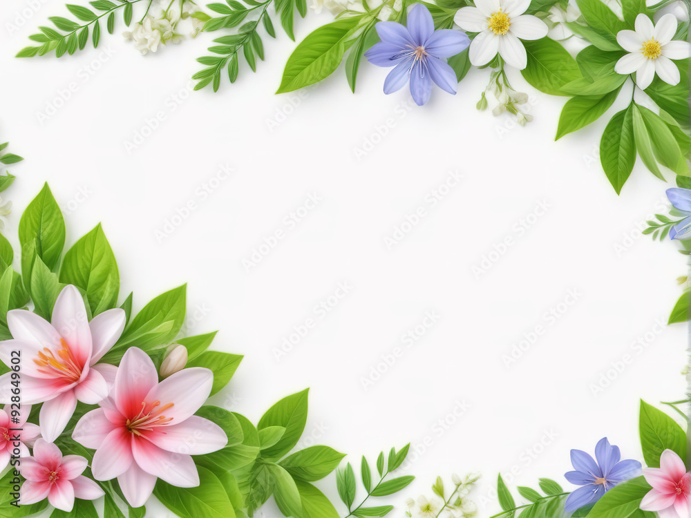 White background with a border of green leaves and pink and blue flowers. White background with a border of green leaves and pink and blue flowers.