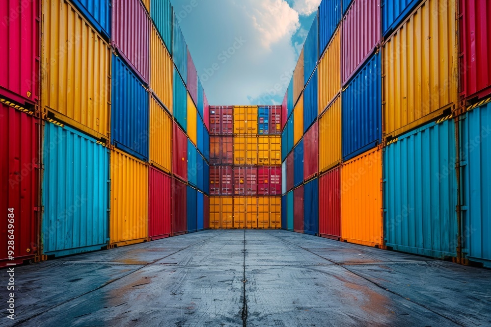 Fototapeta premium Cargo containers in the storage area of freight sea port terminal
