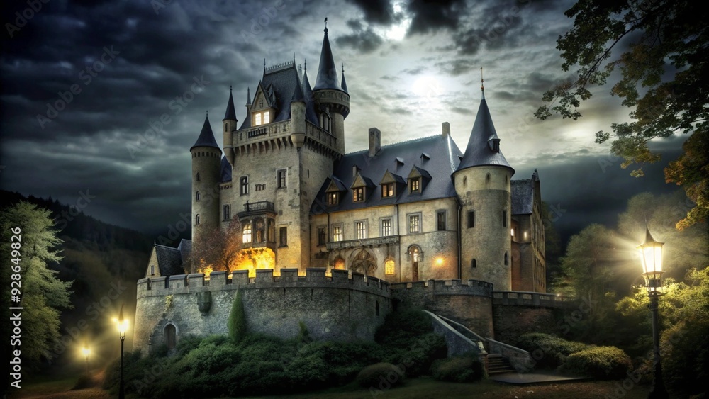 A grand stone castle with lit windows and a moon in the sky. A grand stone castle with lit windows and a moon in the sky.