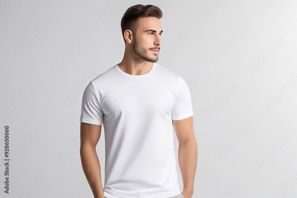 A young man in a plain white t-shirt standing against a light grey backdrop, looking off to the side. A young man in a plain white t-shirt standing against a light grey backdrop, looking off to the side.