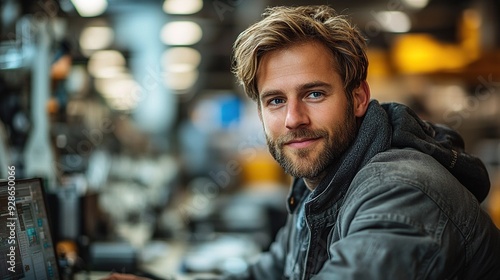 A portrait of a man in a wheelchair working at an adjustable workstation in a modern industrial factory highlights the concept of an accessible workplace for employees with mobility impairment.