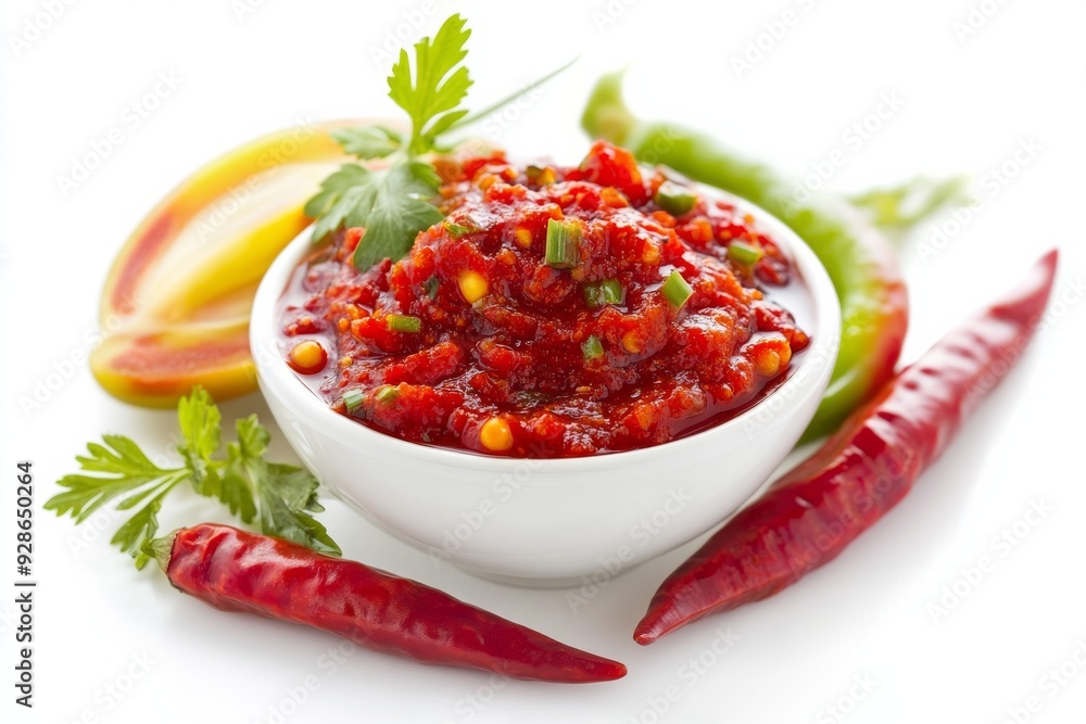 Chili Sauce, A spicy chili paste made from red or green chilies, tomatoes, shallots, garlic, and lime juice. isolated on white background Chili Sauce, A spicy chili paste made from red or green chilies, tomatoes, shallots, garlic, and lime juice. isolated on white background