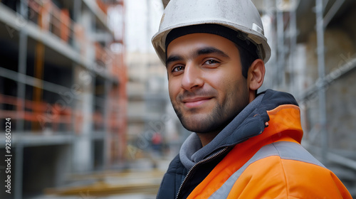 a cheerful male architect with a protective helmet on a building construction background