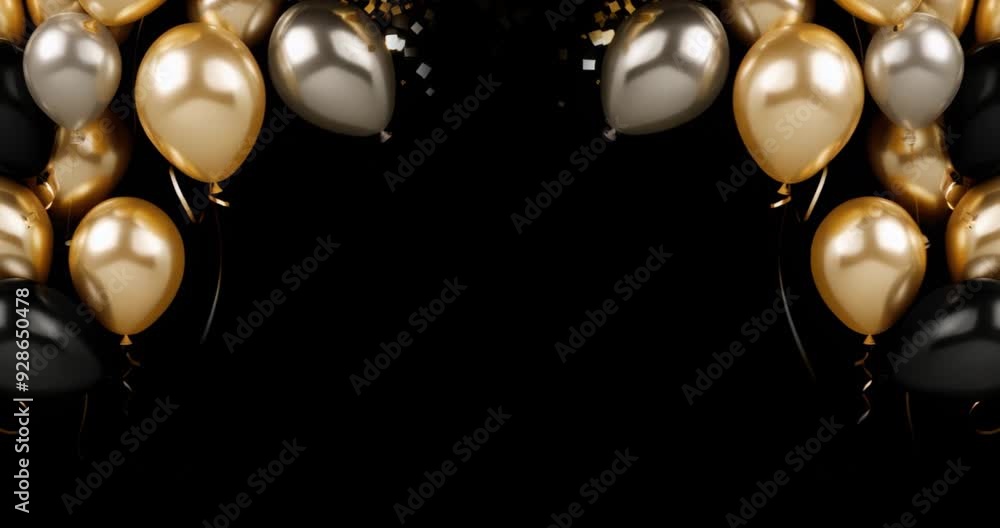 gold luxury flying balloon confetti on black background with copy space ...