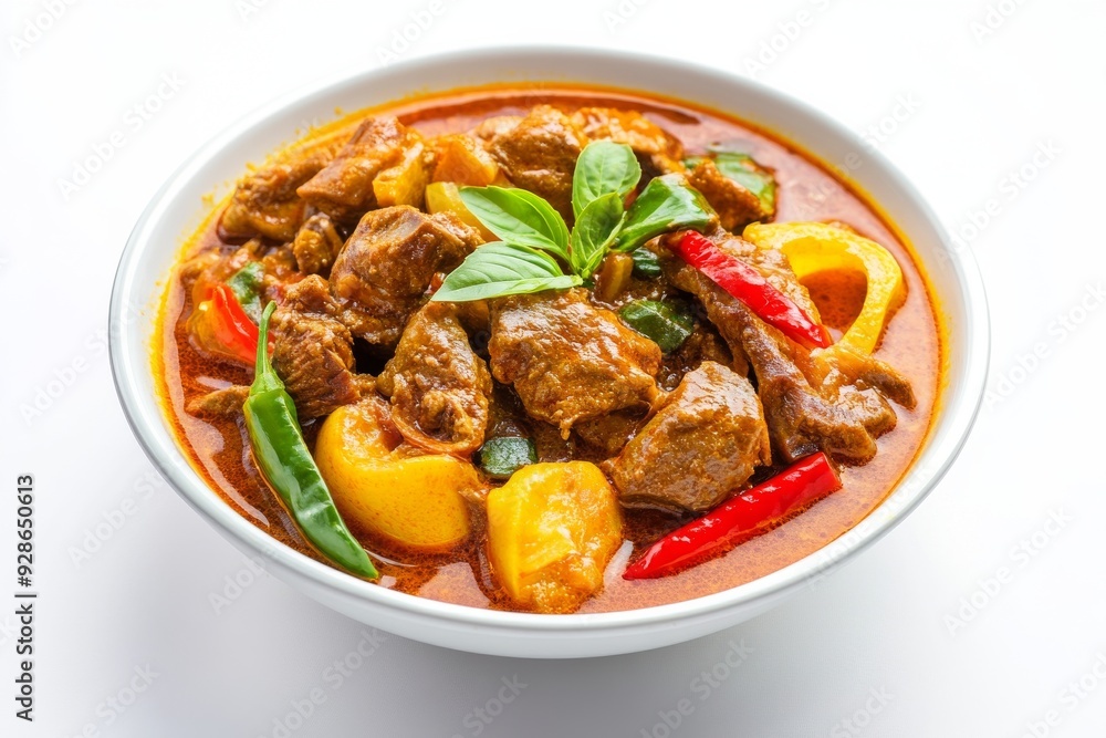 Curry, A rich and spicy curry made with various types of meat such as beef, chicken, or fish, cooked in a coconut milk base with a blend of traditional spices. isolated on white background Curry, A rich and spicy curry made with various types of meat such as beef, chicken, or fish, cooked in a coconut milk base with a blend of traditional spices. isolated on white background
