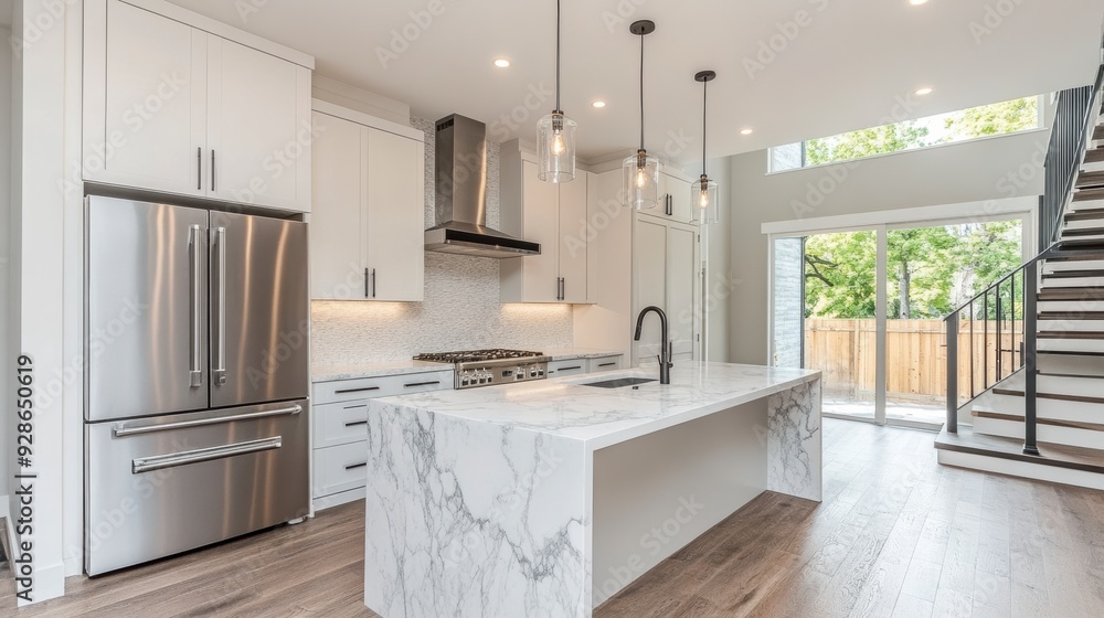 Modern open plan kitchen featuring white shaker cabinets and marble island Modern open plan kitchen featuring white shaker cabinets and marble island