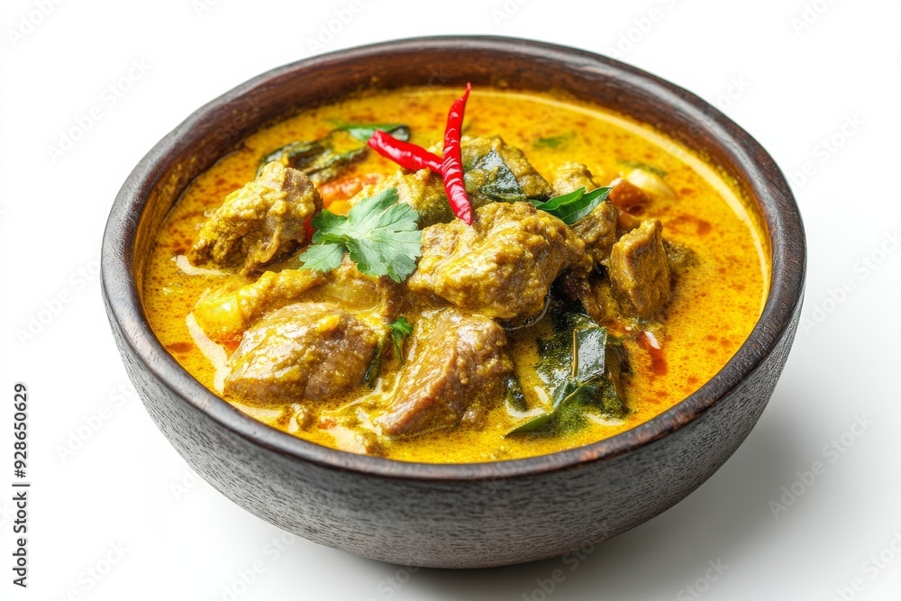 Curry, A rich and spicy curry made with various types of meat such as beef, chicken, or fish, cooked in a coconut milk base with a blend of traditional spices. Isolated on White Background Curry, A rich and spicy curry made with various types of meat such as beef, chicken, or fish, cooked in a coconut milk base with a blend of traditional spices. Isolated on White Background