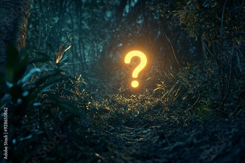 A question mark icon glowing in the darkness of a dense forest, representing an enigmatic journey or mystery.  photo