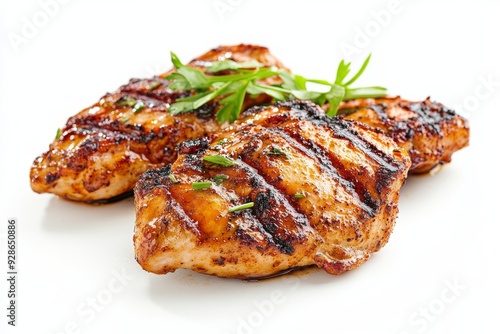 Grilled Chicken, Chicken marinated in a mixture of spices and coconut milk, then grilled to perfection. Isolated on White Background