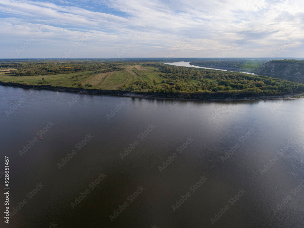 River with Shore Covered in Trees and Fields, Perspective View River with Shore Covered in Trees and Fields, Perspective View