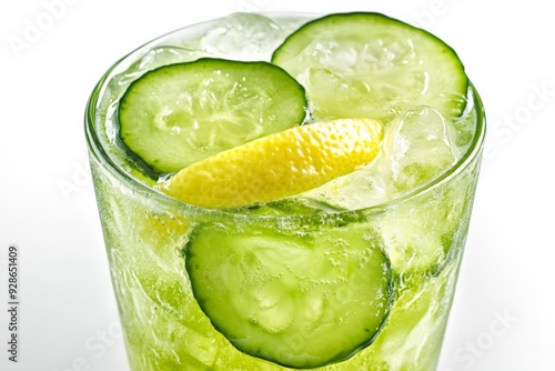 Refreshing lemon cucumber cocktail with ice cubes in a glass. Perfect summer drink photographed close up.