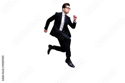 Full length body size view portrait of his he nice elegant imposing attractive worried guy diplomat white collar running fast career growth isolated on light gray background photo