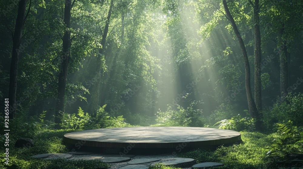 Serene Nature Podium in Lush Green Forest Serene Nature Podium in Lush Green Forest