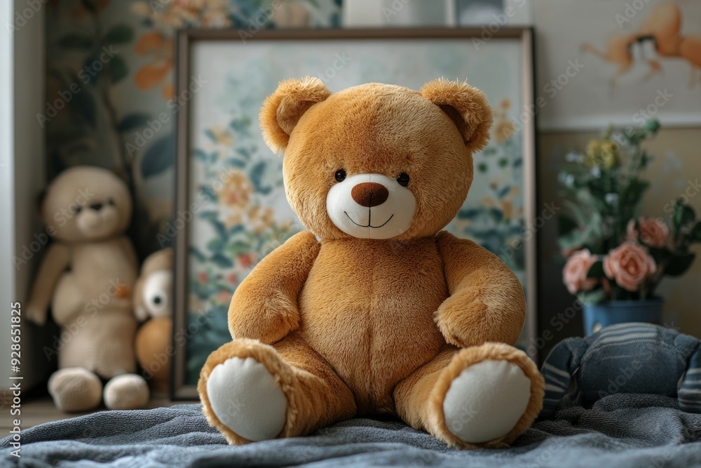 white blank poster mockup in the children's room, toy, teddy bear white blank poster mockup in the children's room, toy, teddy bear