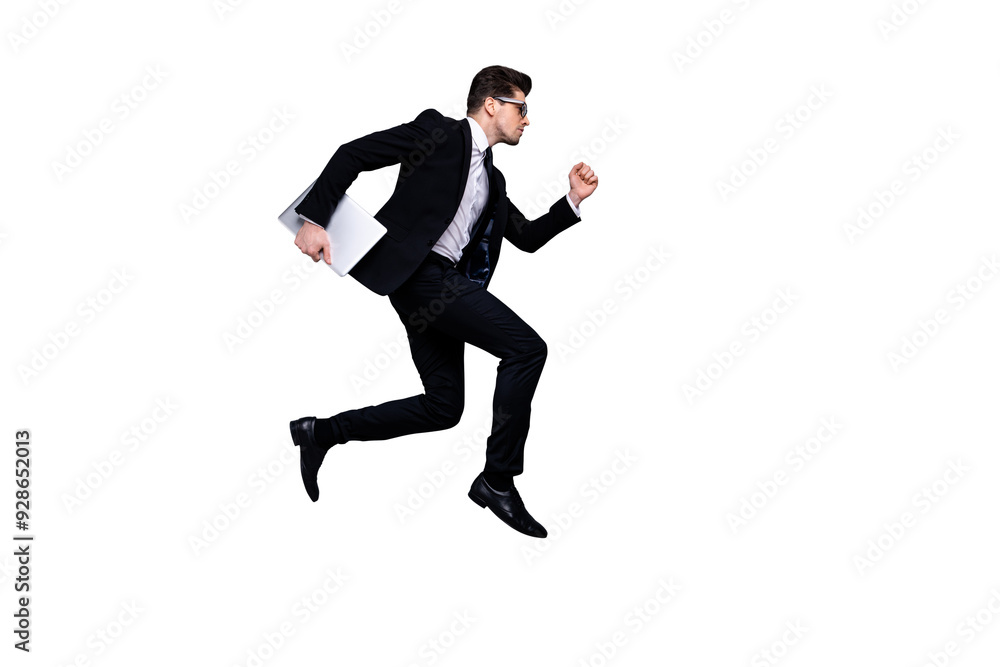 Full length body size profile side view portrait of his he nice attractive purposeful guy executive manager consultant economist carrying laptop career growth isolated over light gray background Full length body size profile side view portrait of his he nice attractive purposeful guy executive manager consultant economist carrying laptop career growth isolated over light gray background